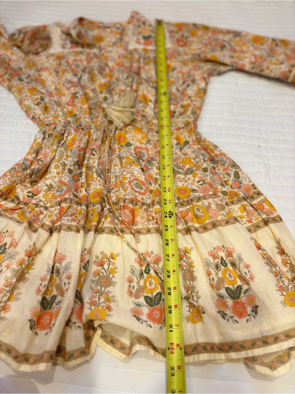 ELAN Monterey Print Tie Neck Long Sleeve Mini Dress Floral Boho Cream Yellow S - Picture 6 of 8